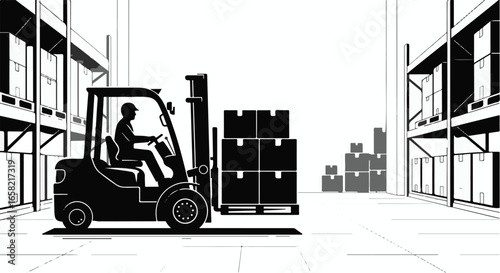Black and white illustration of a forklift in a warehouse.