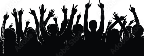 Silhouettes of crowd with raised hands, peace signs, cheering, celebration, unity, concert, rally, event, energy, group participation, activism