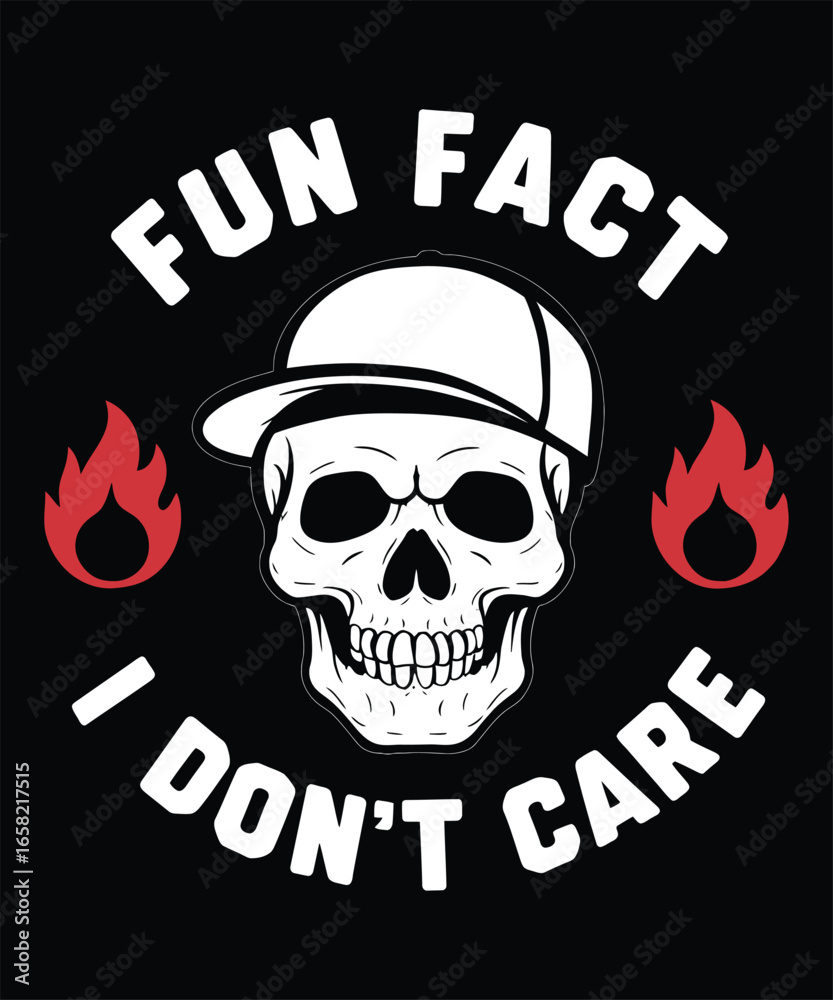 Fototapeta premium Skull wearing cap with flames and text white