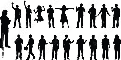 Silhouettes of diverse people in various poses, standing, walking, jumping, holding objects, body language study, lifestyle, activity, artistic reference
