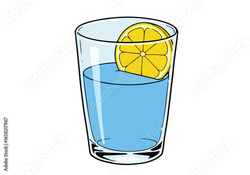 Lemon slice in water glass, isolated on white, refreshment & design element