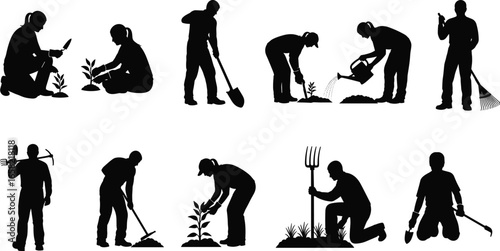 Silhouettes of gardeners performing various gardening activities, planting, digging, watering, raking, pruning, hoeing, using tools, working outdoors, agriculture, horticulture scene