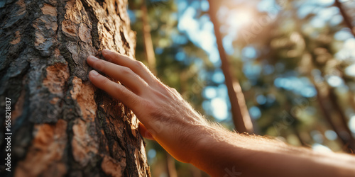 Hand touching the rough bark of a tall tree trunk during a sunny afternoon in a wooded forest