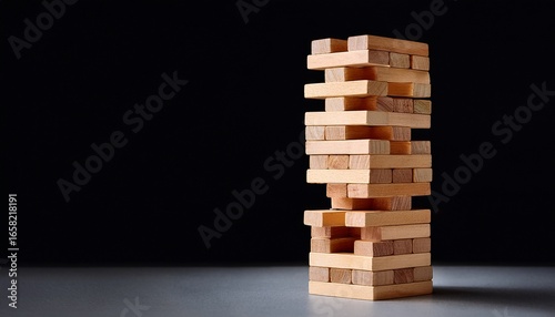jenga tower of wooden blocks isolated with shadow place for text the concept of destruction instability