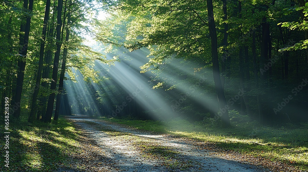 Obraz premium Sunbeams Filtering Through Forest Trees Along a Pathway
