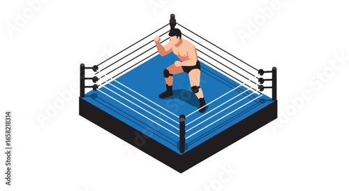 Wrestler Stance in Ring, Ready, Isometric. Victory concept, sports blog, training