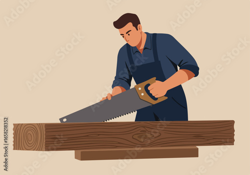 Carpenter sawing wood with hand saw on stand in plain background for DIY projects