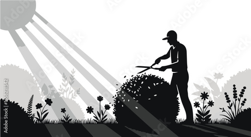 Gardener trimming bush, black and white silhouette illustration