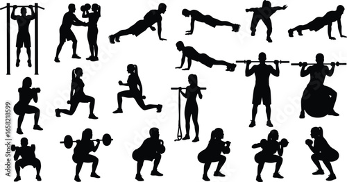 Silhouettes of people exercising, fitness workout poses, pull‑ups, push‑ups, squats, lunges, weightlifting, resistance training, gym activities, healthy lifestyle, strength training