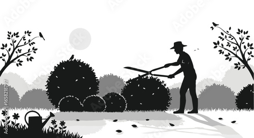 Gardener trimming bushes, black and white vector illustration