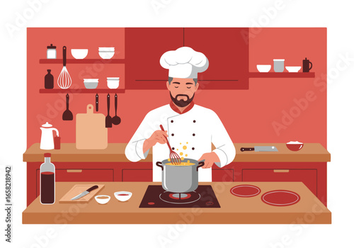 Chef whipping mixture in pot on stove in kitchen with shelves for advertising cooking