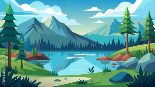 Vector art of a captivating landscape featuring a pristine lake reflecting majestic mountains and lush trees under a clear sky, evoking a sense of peace and wonder