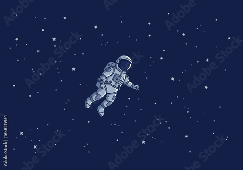 Floating cosmonaut among stars in dark sky. Concept exploring, achieving new goals