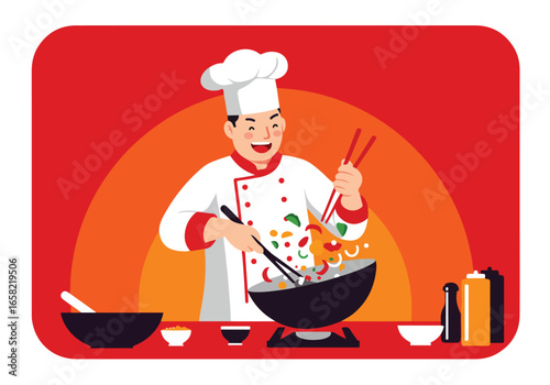 Chef cooking stir-fry in kitchen, vector style, for menu, cookbook, or food blog