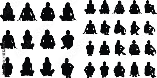 Silhouettes of people sitting in various cross‑legged poses, diverse postures and arm positions, body language study, lifestyle concept, meditation, relaxation scene