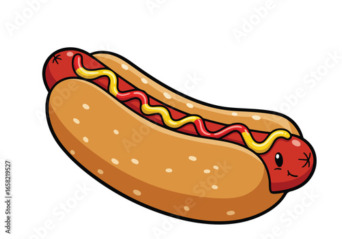Animated hotdog with mustard & ketchup. Use menu, web icon. Isolated