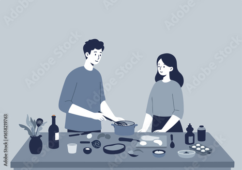 Couple cooking together in the kitchen; blank wall background for copy space use
