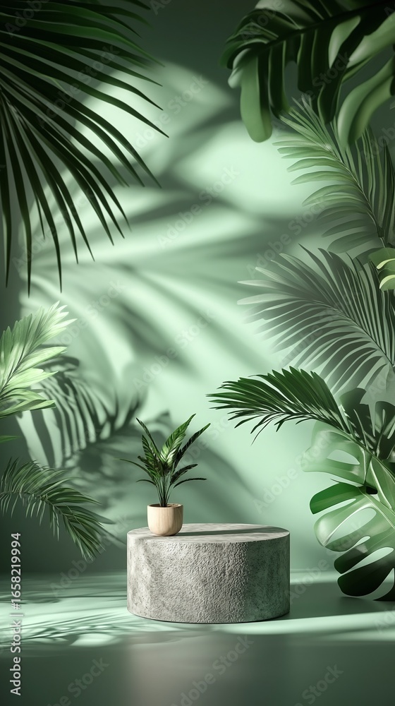 Fototapeta premium Light-filled display podium with tropical foliage.