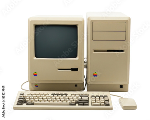Vintage Macintosh Computer with Monitor Keyboard and Mouse cutout isolated on transparent bg, png