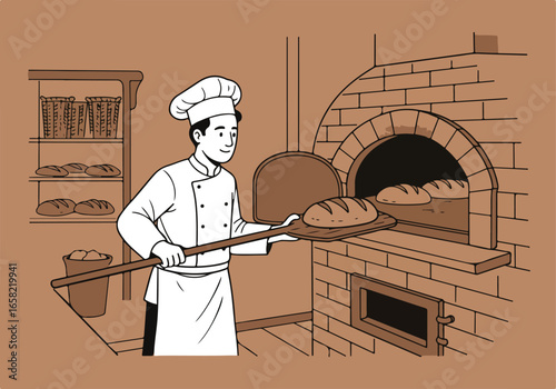 Baker removing bread from oven with shelves, for a bakery website header