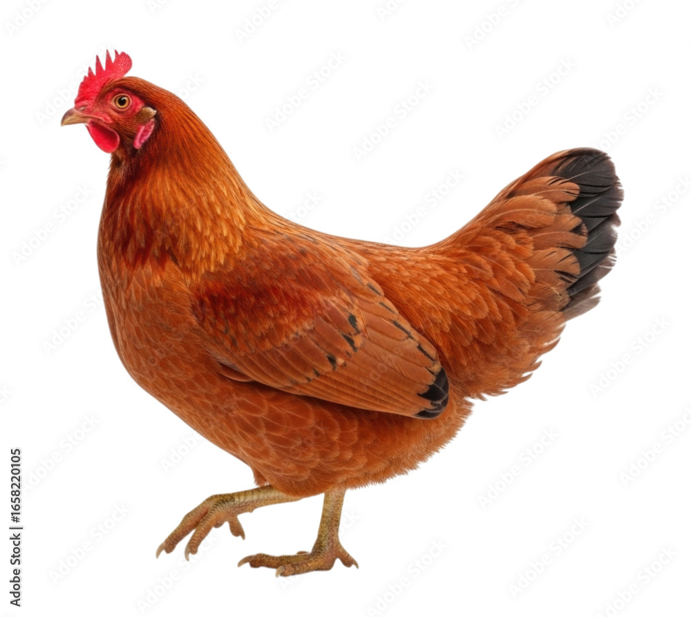 Fototapeta premium Brown Hen Chicken Walking with Red Comb cutout isolated on transparent bg, png