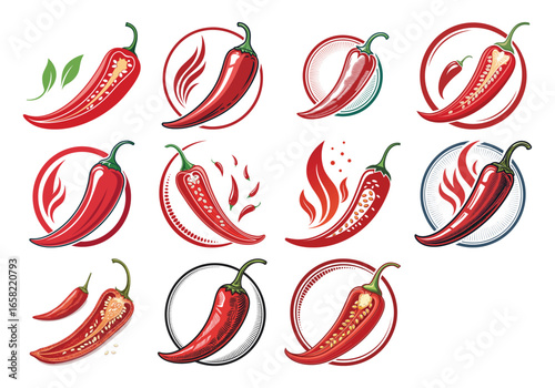 Spicy chili hot pepper icons. Vector Asian and Mexican spicy food and sauce, red and black outline chili	