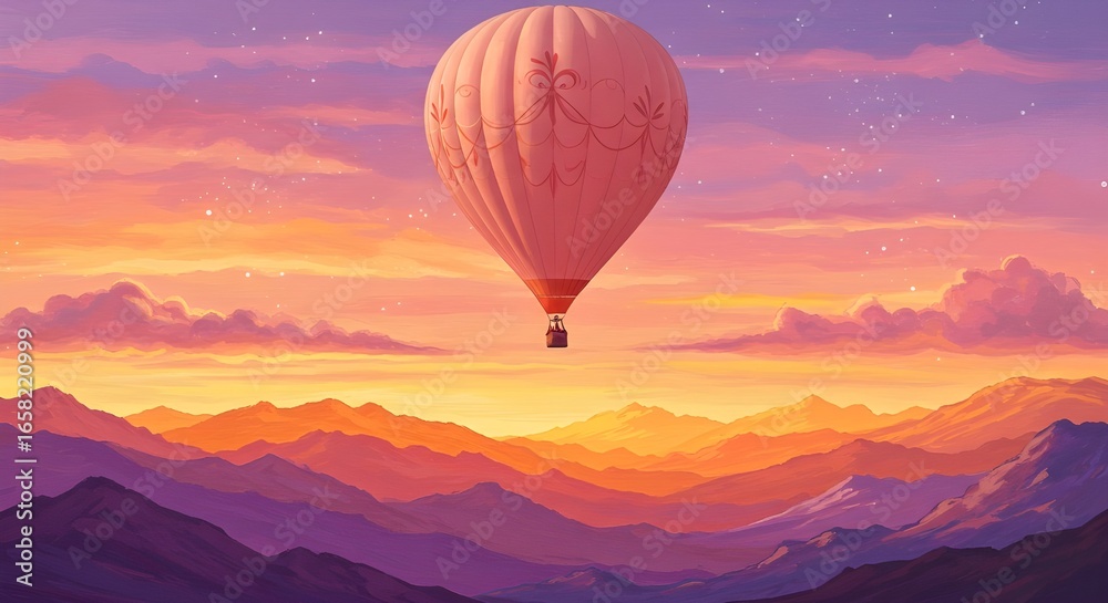 Fototapeta premium Digital art of a hot air balloon flying over colorful mountains, vibrant landscape, creative illustration, fantasy travel concept, bright and artistic design.