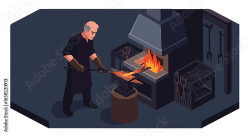Smith shapes metal in a hot forge workshop; tools hang. Use art, craft