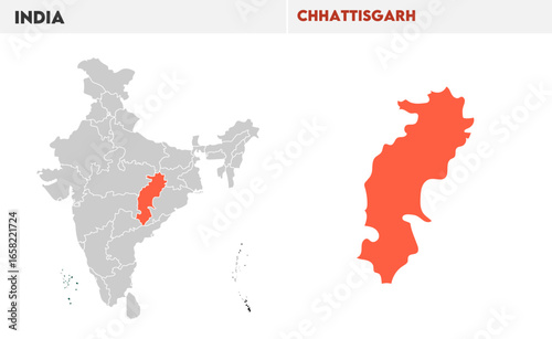 Chhattisgarh administrative map, Indian states, suitable for education, business, presentations, print, web use, and creative geographic projects. Indian union territory.