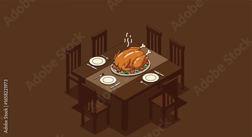 Roasted fowl on table, ready to be served in a brown room. Use invitations
