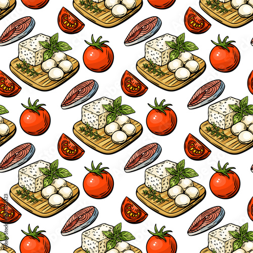 Mediterranean food pattern with cheese, tomato and tuna sketch