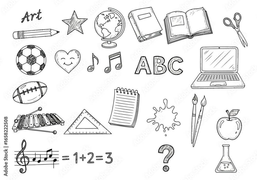 Fototapeta premium Collection of school and art supplies in a handdrawn sketch style