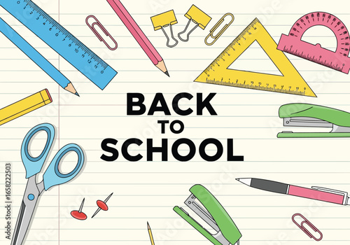 Back to school stationery flat lay with scissors, rulers, pencils, and pens