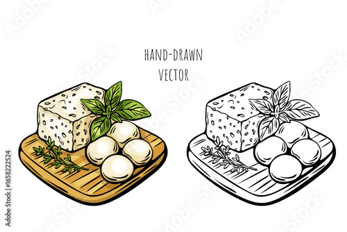 Mediterranean sketch cheese plate with herbs and mozzarella
