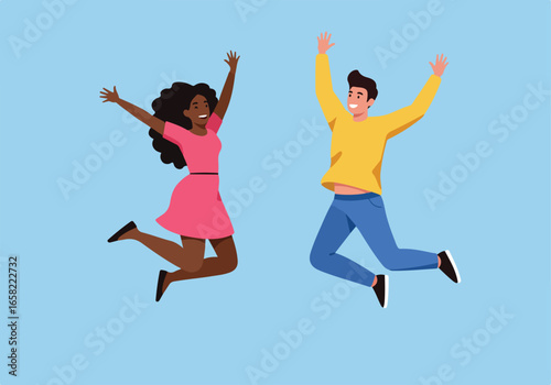 Joyful couple jumping in blue background. For promotion of optimism and celebration