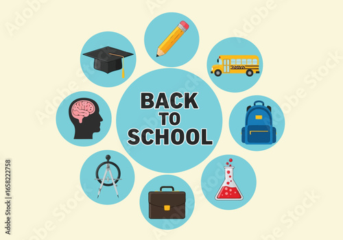 Back to school concept with various educational icons arranged in a circular pattern on a light background