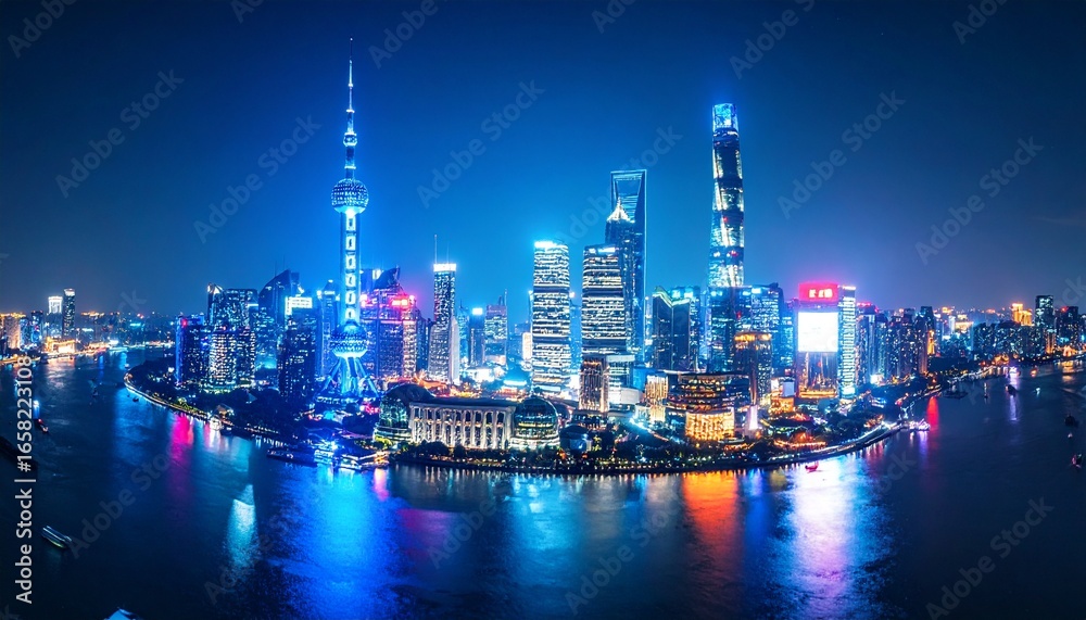 Fototapeta premium Brightly lit skyscrapers with vibrant colors, showcasing a modern cityscape.