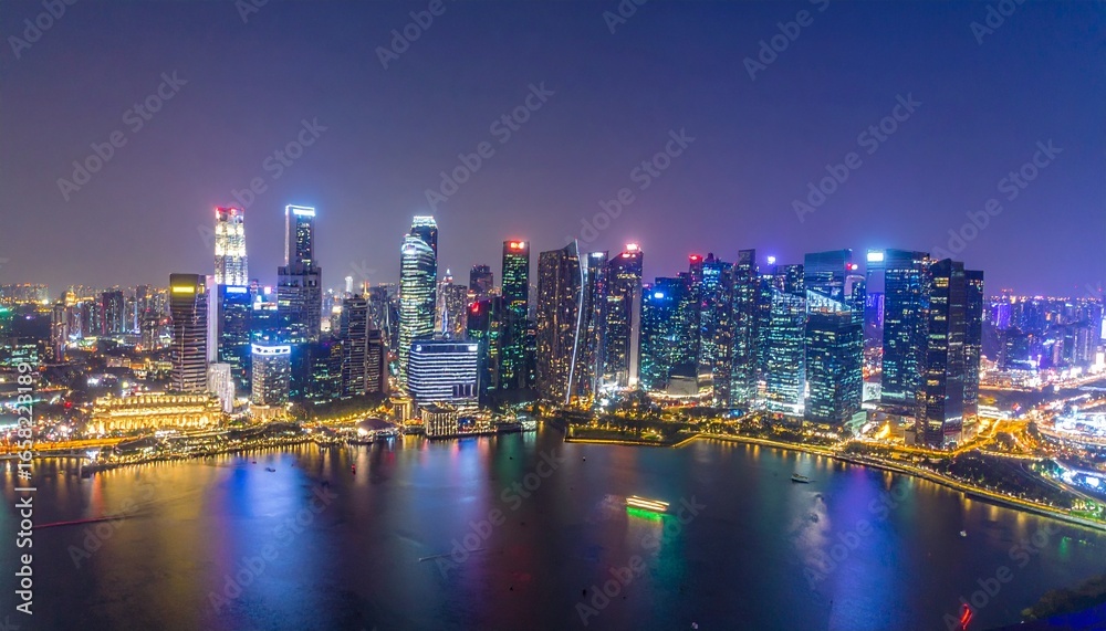 Obraz premium Modern cityscape with illuminated skyscrapers and a glowing reflection on the river.