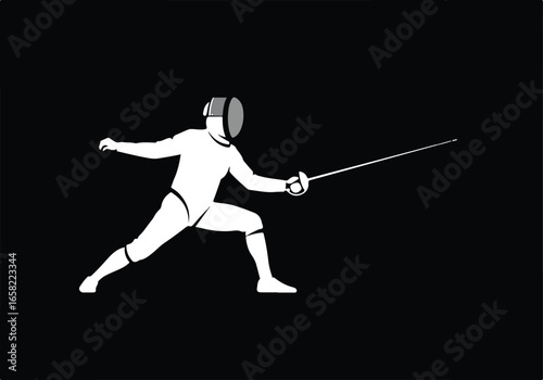Athlete with mask wielding foil on black background for fitness illustrations