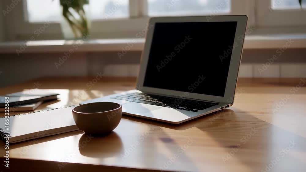Laptop, notebook, and mug on a wooden table by a window Laptop, notebook, and mug on a wooden table by a window