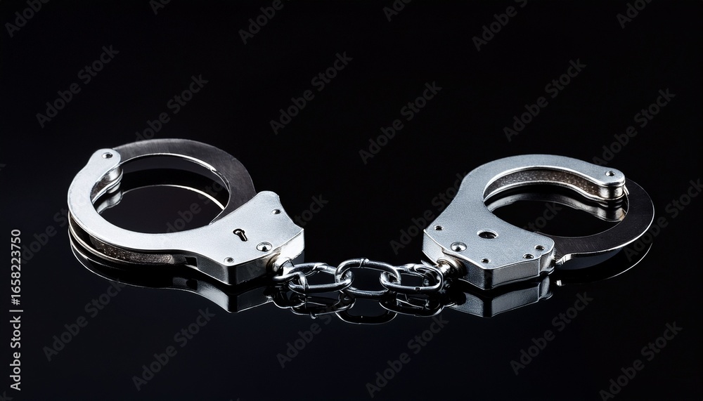 Obraz premium a close up shot of metal handcuffs connected by a chain on a black isolated background studio shot