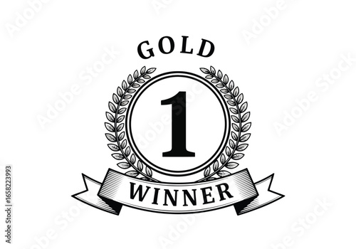 Gold winner medal with number 1 and laurel wreath