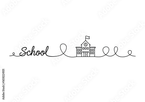 Handdrawn continuous line art of the word school with a building and loops