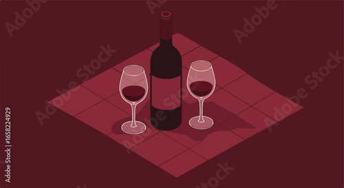 Wine bottle and glasses on dark surface for drinks related ad banners use