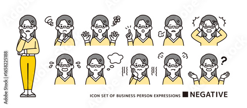 眼鏡をかけた若い女性の、消極的な表情・ポーズのアイコンセット＿ベクター