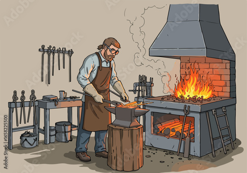 Artisan blacksmith shaping hot metal on anvil, forge furnace flames background