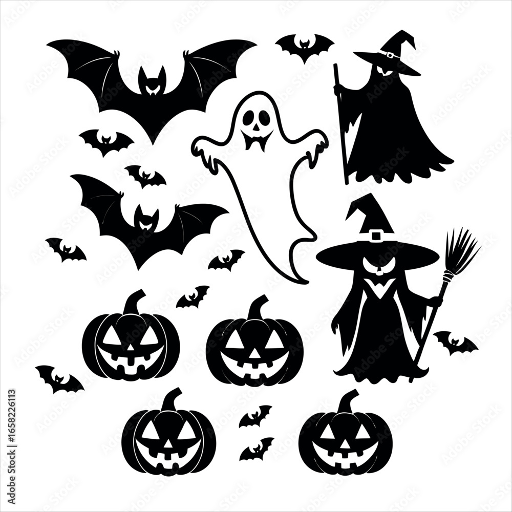 Fototapeta premium Vector art of halloween silhouettes with pumpkins, bats, ghosts and witches