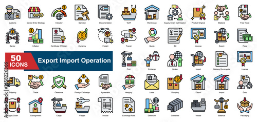 A collection of line style Export Import Operation icons. Includes customs, market entry, tariffs, documentation, export, import, shipping, and more. Perfect for presentations, reports.