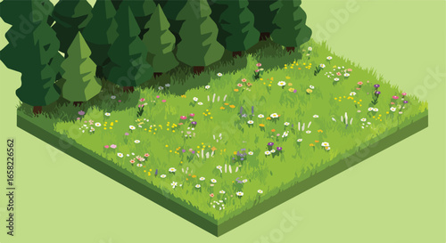 Isometric plot Trees background a floral meadow on green, 3D land for graphic design