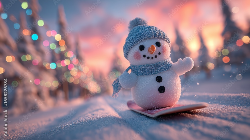 Obraz premium Happy Snowman Sledding in a Snowy Pine Forest with Christmas Lights at Sunset